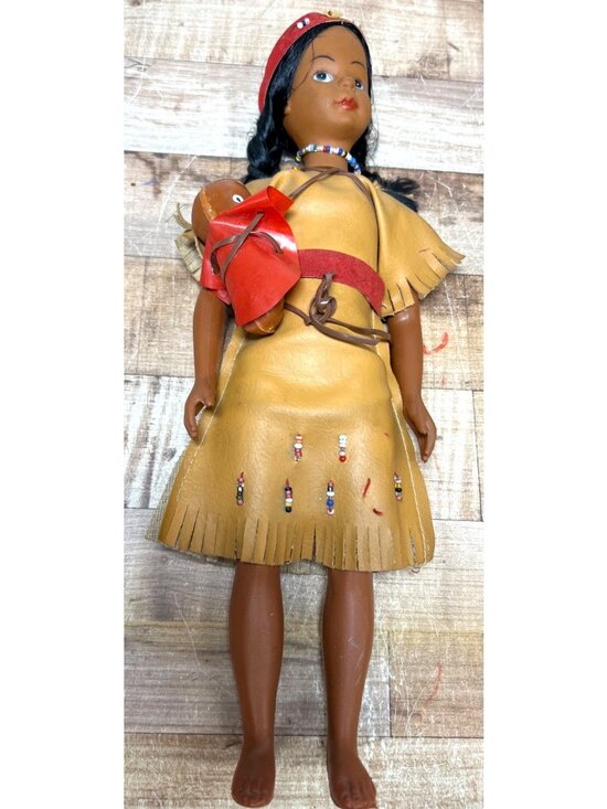 None Other - Vintage Native American-Inspired Doll With Beaded Faux Leather Dress